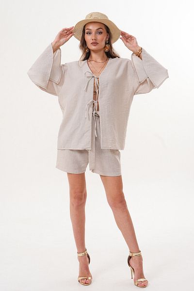 happinice Women's Ecru Kimono Set – Tie-Up, Relaxed Fit, Shorts Summer Combination