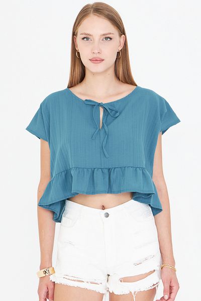 armonika Women's Oil Bat Sleeve Collar Tie-Up Skirt Ruffled Oversize Crop Blouse Arm-24Y001088