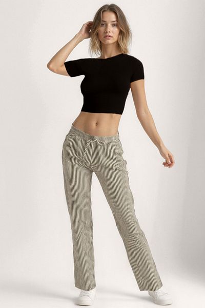 Vitrin Thick Striped Wide Leg Trousers with Elastic Waist