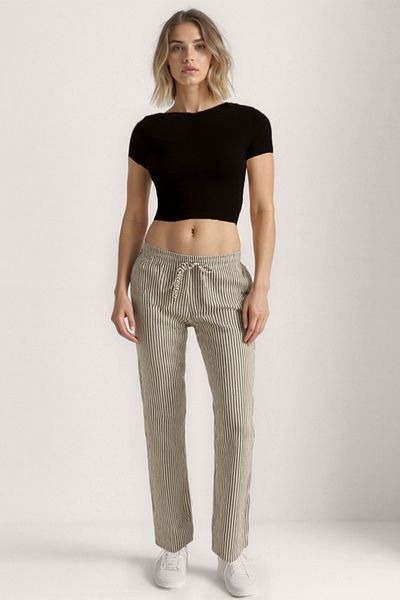 Vitrin Thick Striped Wide Leg Trousers with Elastic Waist