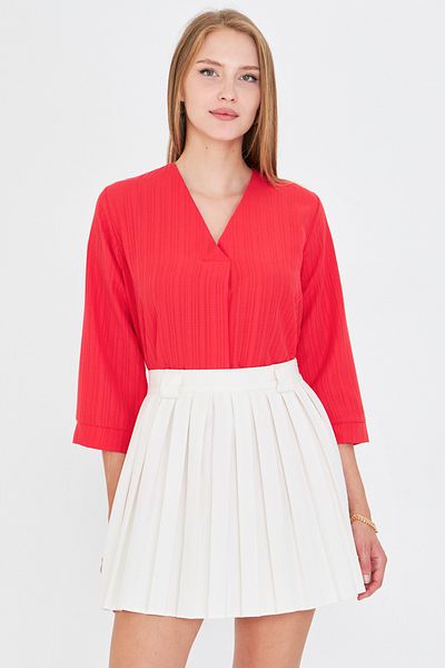 armonika Women's Red V-Neck Quarter Sleeve Blouse Arm-25Y001024