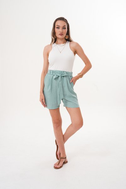 happinice Women's Green Waist Elastic Belted Double Pocket Linen Shorts