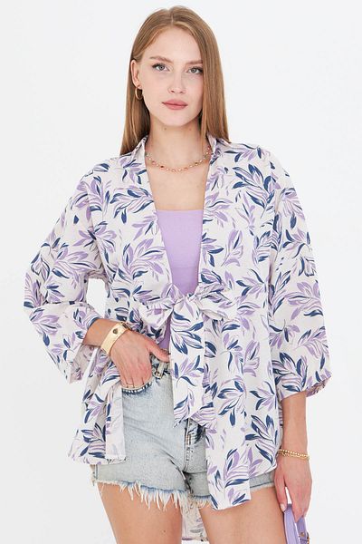 armonika Women's Oil Patterned Linen Look Front Tie Kimono Shirt Arm-24Y001079
