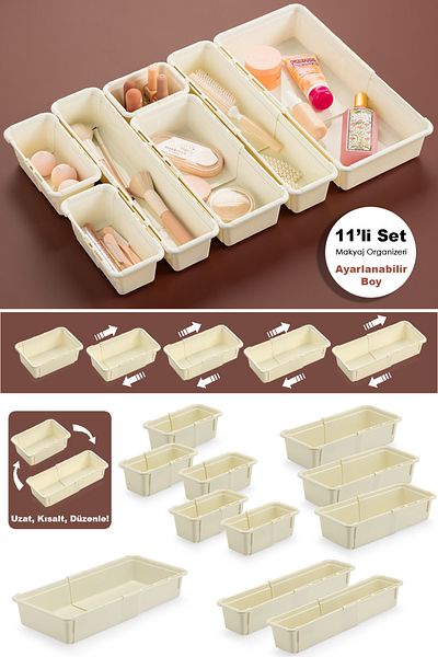 Meleni Home Organizator de machiaj extensibil din 11 piese - Organizator de accesorii pentru bijuterii cu sertar modular reglabil