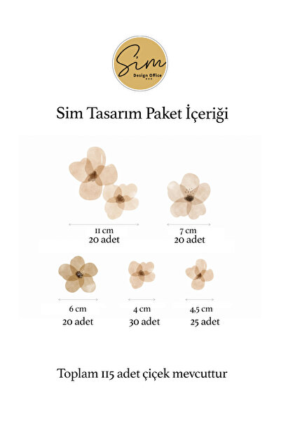 Sim Tasarım Açık Kahverengi Çiçekler Çiçek Duvar Dekorasyon Sticker Seti