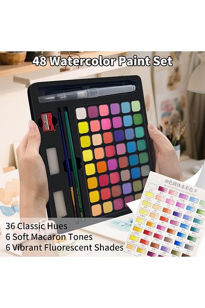 COOYA Solid Watercolor, 48 Colors Solid Watercolor Paints, Pigment Drawing Set with Water Brush Sponge