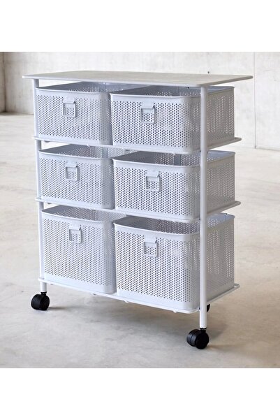 Evistro Metal Tekerlekli Paslanmaz Sebzelik 6 Bölmeli 3 Katlı Beyaz