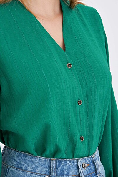 armonika Women's Dark Green Sleeve Elastic Wrinkle Shirt Arm-24K001002