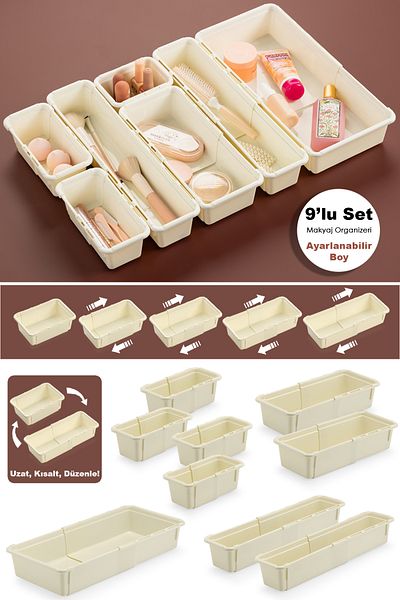 Meleni Home Organizator de machiaj extensibil din 9 piese - Organizator de accesorii pentru bijuterii cu sertar modular reglabil