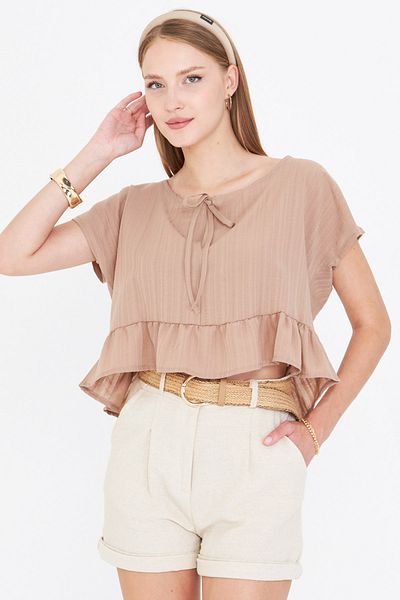 armonika Women's Light Mink Bat Sleeve Collar Tie-Up Skirt Ruffled Oversize Crop Blouse Arm-24Y001088