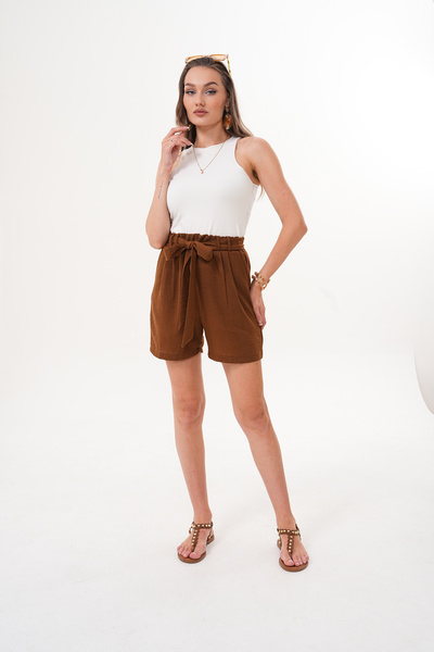 happinice Women's Brown Double Pocket Linen Shorts with Elastic Waist and Belt