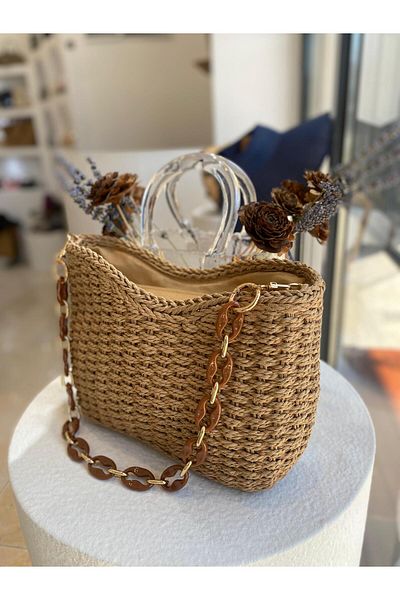 Zeynep Keskin Design Дамска сламена чанта, Дамска чанта за през рамо от ратан, Чанта за ръка и през рамо Hazeranlı, Плажна чанта