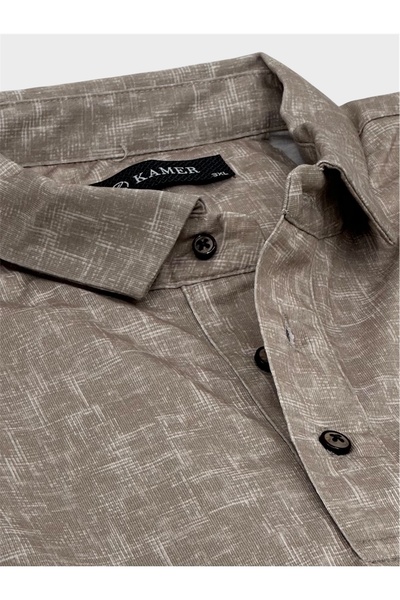 KAMER Plus Size Shirt Collar Short Sleeve Patterned Pocket Beige T-Shirt 5049E