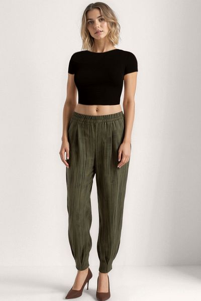 Vitrin Self Patterned Pleated Trousers with Elastic Waist