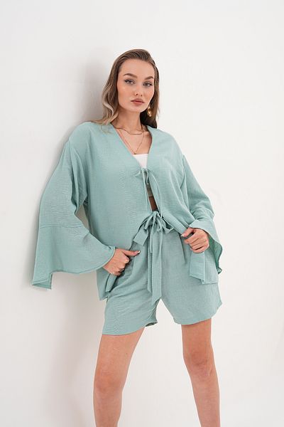 happinice Women's Green Kimono Set – Tie-Up, Relaxed Fit, Shorts Summer Combination