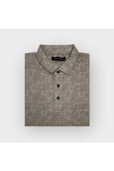 KAMER Plus Size Shirt Collar Short Sleeve Patterned Pocket Beige T-Shirt 5049E