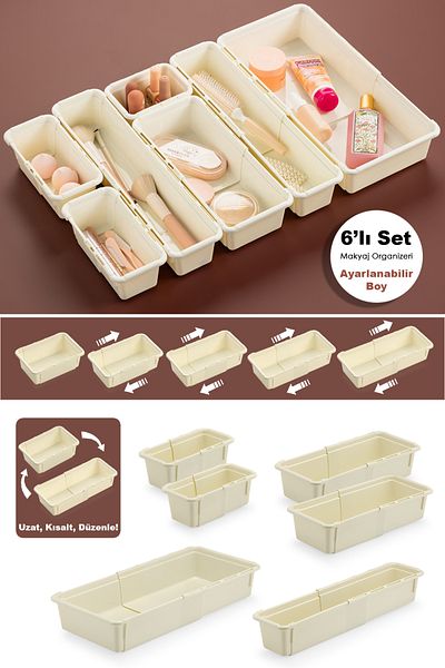 Meleni Home Organizator de machiaj extensibil din 6 piese - Organizator de accesorii pentru bijuterii în sertar modular reglabil