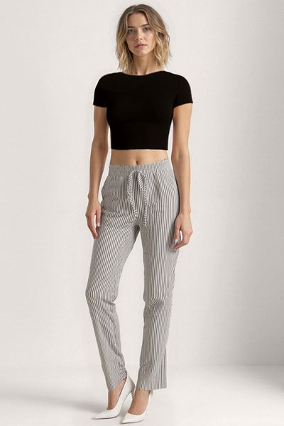 Vitrin Thick Striped Wide Leg Trousers with Elastic Waist