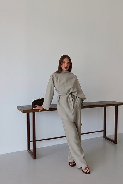 Laluvia Khaki Scarf Detailed Suit - 8630