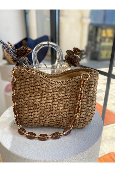Zeynep Keskin Design Дамска сламена чанта, Дамска чанта за през рамо от ратан, Чанта за ръка и през рамо Hazeranlı, Плажна чанта