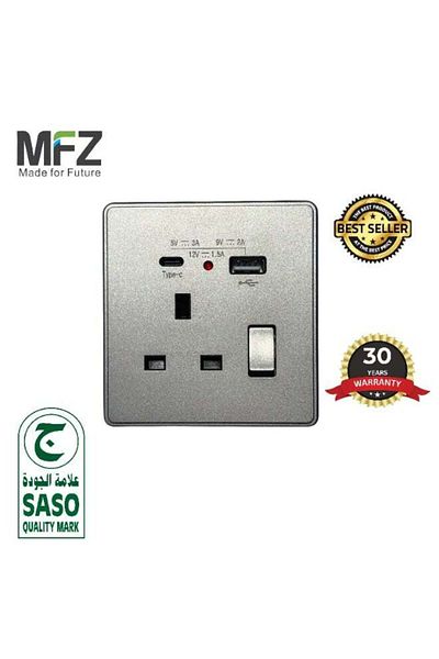 Generic Metallic finish Universal Wall Power Socket with USB & Type-C Fast Charging (5V/3A, 9V/2A, 12V/1.5A)