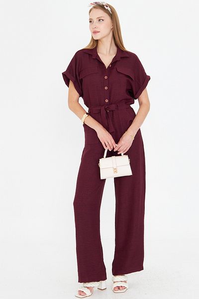 armonika Women's Burgundy Front Buttoned Waist Belted Pocket Bat Sleeve Palazzo Jumpsuit Arm-24Y001105