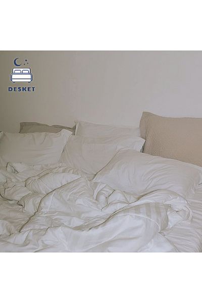 Desket Double Size Bedsheet Set – White Plain and Striped – Soft Microfiber with Pillowcases