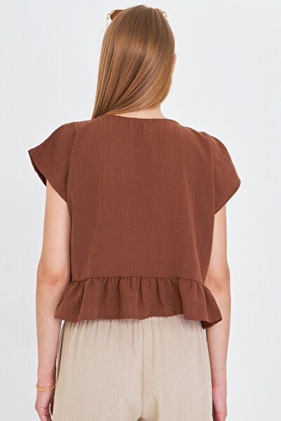 armonika Women's Light Coffee Bat Sleeve Collar Tie-Up Skirt Ruffled Oversize Crop Blouse Arm-24Y001088