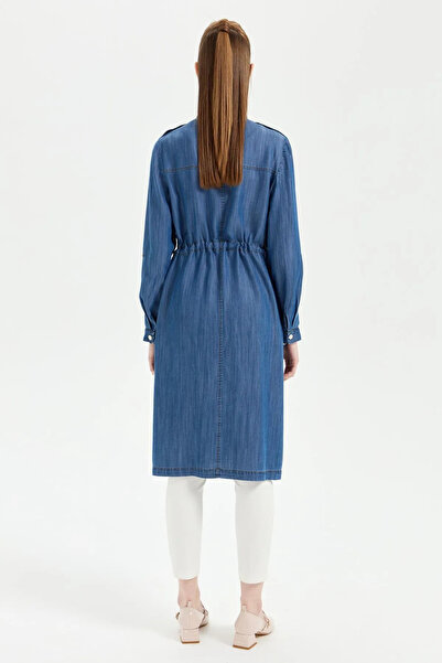 Gold Moda Renk Tie-Waist Pocket Detail Front Zipper Close Judge Collar Long Summer Tunic