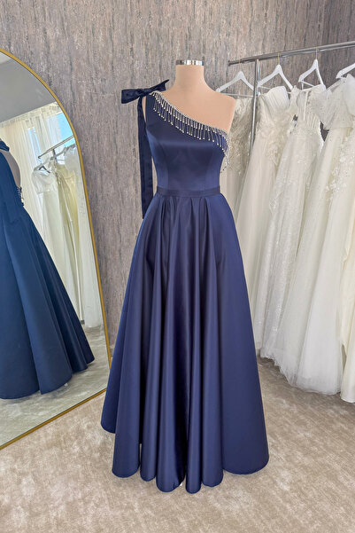 Lenta Moda Lacivert Tek Omuz Taşlı Yaka Detaylı Maxi Boy Saten Abiye Ve Gece ...