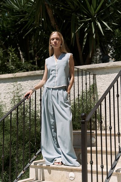 BOHEMAİ Shonas Lace Detail Blue Vest Pants Suit