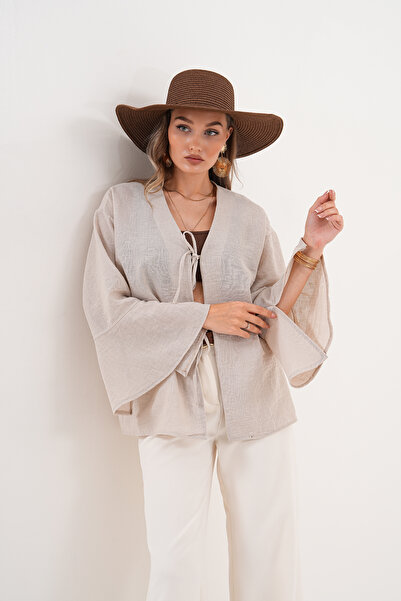 happinice Women's Ecru Double Tie Linen Kimono