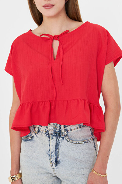 armonika Kadın Açık Kırmızı Yarasa Kol Yakası Bağlamalı Eteği Fırfırlı Oversize Crop Bluz ARM-24Y001088
