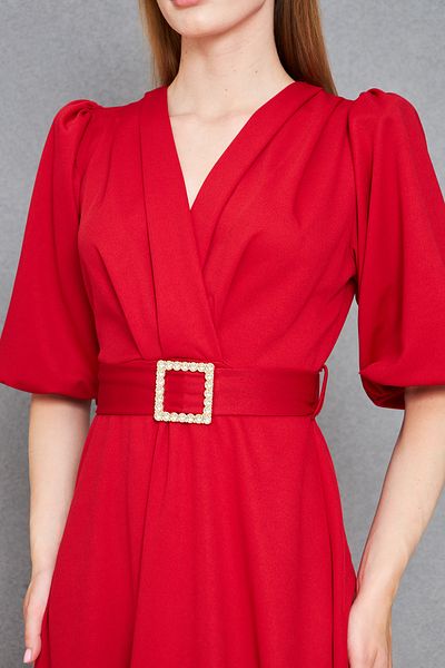 barış sülün lovebox Women's Stretchy Red Fabric Double Breasted Collar Stone Belt Design Midi Evening Dress 3602