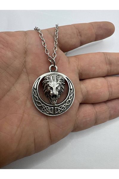 Herşey Nota Lion's Emblem – Gothic Lion Head Circle Figured Unisex Necklace (60 cm Chain)