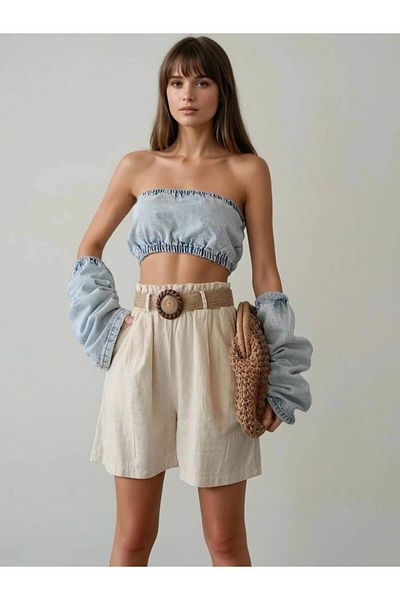 Coral Ring Buckle Straw Belt Shorts Natural
