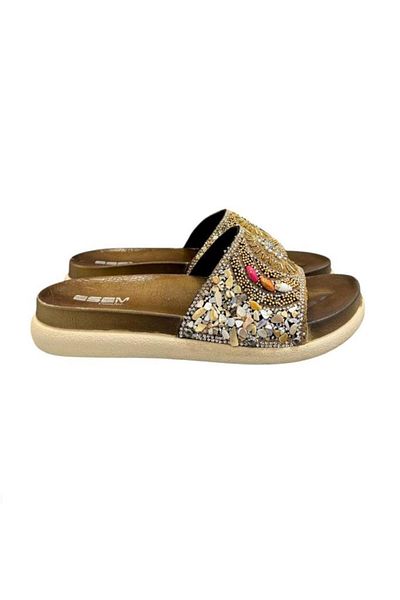 Esem Stone Bead Embroidered Buckle Anatomical Sole Slippers