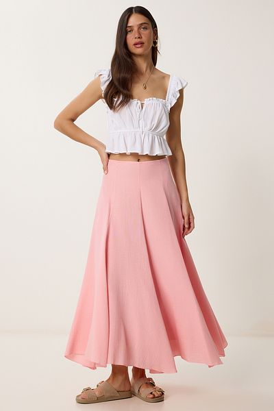 Lovelyİstanbul Summer Long Flared Muslin Skirt Pink Lns0070