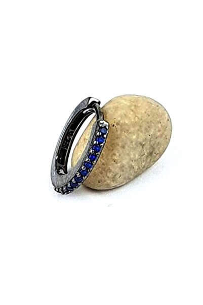 OSESHOP Kök Safir 925ayar Gümüş Siyah Rodajli Halka Tek Küpe Özel Seri