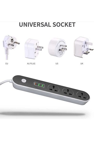 Generic وصلة طاقة ثلاثية الاتجاهات مع منفذ USB-C PD بقوة 20 واط، منفذي USB، سلك بطول 3 أمتار، 2500 واط، 13 أمبير، مصراع أمان، تشغيل/إيقاف