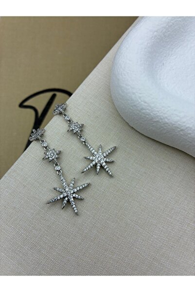 Hedef Bijuteri Zircon Stone Hanging Star Model Earrings