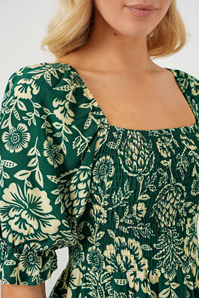 Modasultan Square Neck Princess Sleeve Gipeli Front Side Slit Floral Patterned Midi Length Viscose Dress