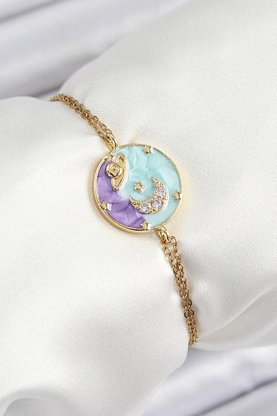 Clariss 316L Steel Chain Enameled Artistic Portrait Zircon Stone Planet Model Gold Color Women's Bracelet