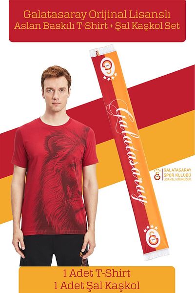 Galatasaray Original Licensed Lion Printed T-Shirt + Shawl Kaşkol Set Gift Wooden Boxed