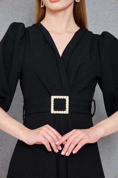 barış sülün lovebox Women's Stretchy Black Fabric Double Breasted Collar Stone Belt Design Midi Evening Dress 3602