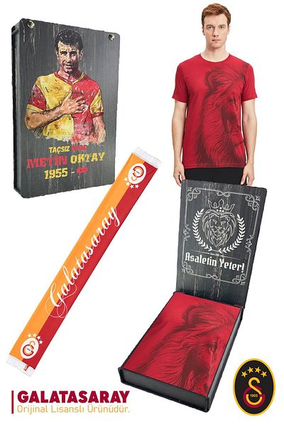 Galatasaray Original Licensed Lion Printed T-Shirt + Shawl Kaşkol Set Gift Wooden Boxed