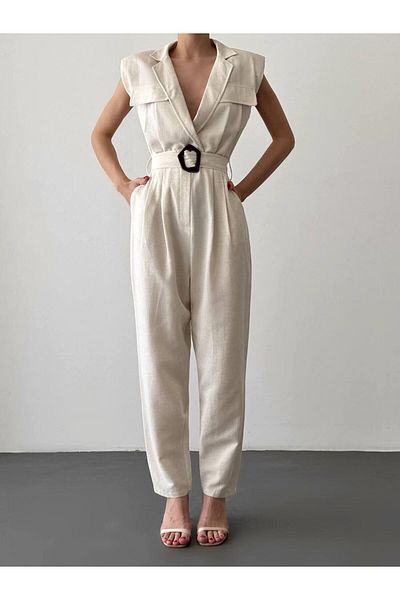 Coral Belted Padded Sleeveless Jumpsuit Natural