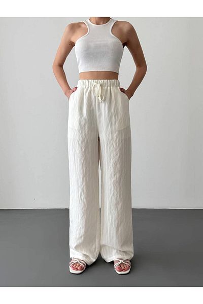 Coral Wide Leg Elastic Trousers Ecru
