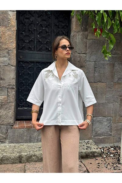 Coral Lace Shoulder Shirt White
