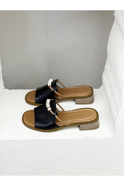 NUR KARACA 25Y048 Stone Detail Genuine Leather 3cm Thick Heel Slippers for Women